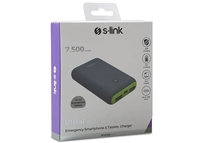 S-Link Swapp IP-S75 7500mAh Powerbank Gri/Yeşil Taşınabilir Pil Şarj Cihazı