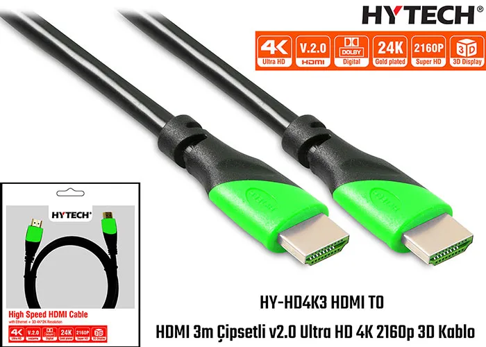 Hytech HY-HD4K3 HDMI TO HDMI 3m v2.0 Ultra HD 4K 2160p 3D Kablo