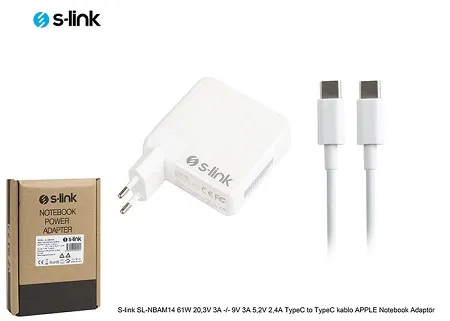 S-link SL-NBAM14 61W 20.3V 3A / 9V 3A / 5.2V 2.4A TypeC to TypeC Kablo Apple Notebook Adaptör