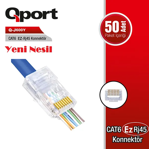 QPort Q-J600Y Pass Type CAT6 RJ45 Konnektör 50 Adet